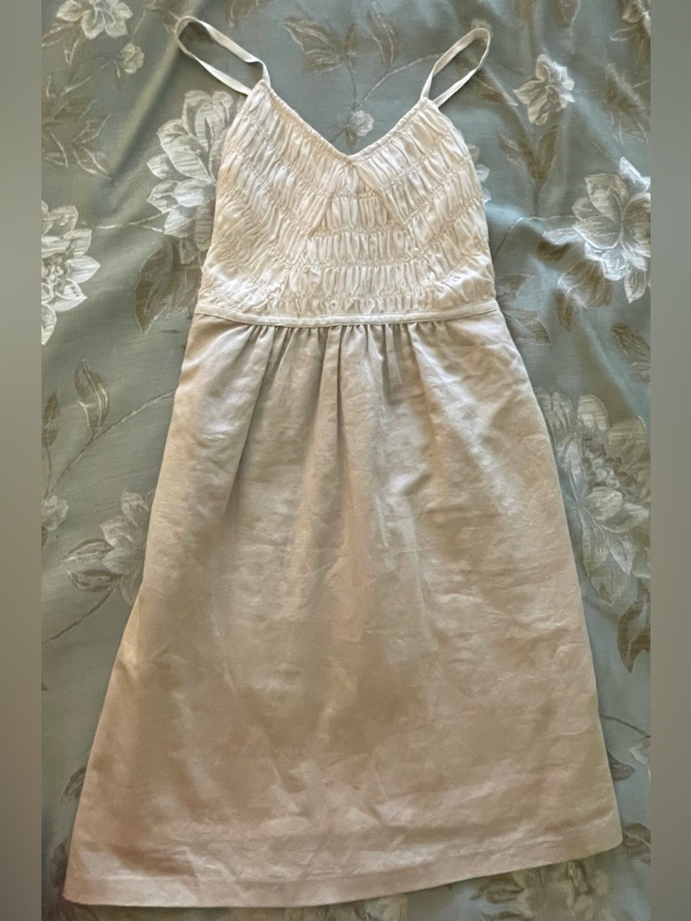 Banana Republic Cream and Beige Sun Dress Silk Ruched Bodice Linen Skirt Sz 0 Sm